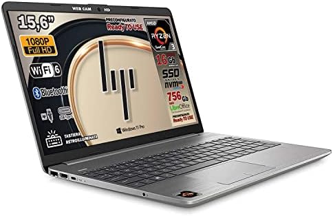 HP 255 G9 Notebook, 16 Gb ram, Ryzen 3 5425 fino a 4,1 GHz, 4Core, SSHD 756 Gb, Full HD 15.6″, Wi-fi 6, 3 usb, webcam, Tastiera retroilluminata, Win 11 Pro, Libre Office, Preconfigurato, Gar. Italia