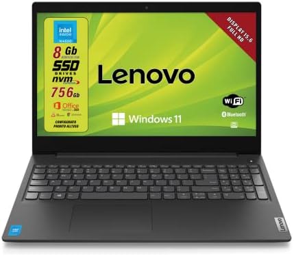 Lenovo, Pc portatile notebook pronto all’uso, Display FHD da 15,6″, cpu N4500, ram 8Gb, sshd 756Gb, windows 11 pro, computer portatile con pacchetto Office 2021
