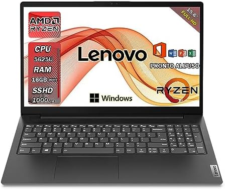 Lenovo | Pc portatile Notebook Ryzen 5 5625U 6 core | Ram 16 Gb ddr4 | SSHD 1000 Gb | Display 15.6″ | Windows 11 PRO | Wi Fi | Usb | Computer portatile pronto all’uso |
