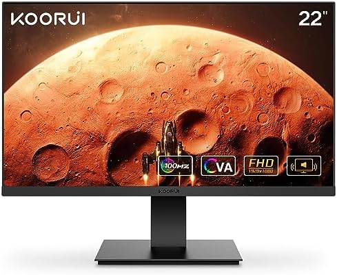 KOORUI Monitor da 22 Pollici con Altoparlanti Integrati, 100Hz, Schermo 1080p, Senza Cornice, HDMI, Inclinabile, Protezione per gli Occhi, Montaggio a Parete VESA Nero