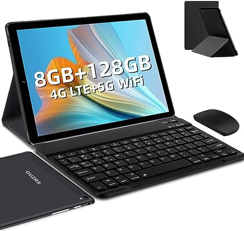 OUZRS Tablet 10 Pollici 4G LTE Android Tablet in Offerta 8GB RAM 128GB Espandibili Tablet PC Octa Core 8000mAh Dual SIM 5+8MP Bluetooth GPS WiFi Tablet Android con 2 en 1 Tastiera e Mouse(Black)