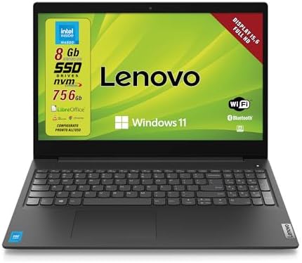 Lenovo, Pc portatile notebook pronto all’uso, Display FHD da 15,6″, cpu N4500, ram 8Gb, sshd 756Gb, windows 11 pro, computer portatile con pacchetto Libre Office