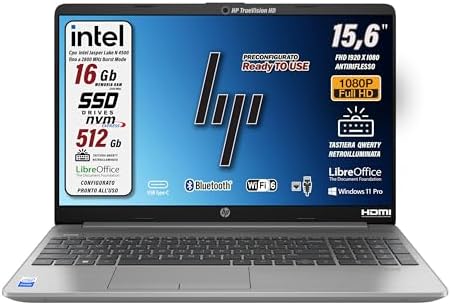 HP 250 G9 pc portatile, RAM 16 Gb DDR 4, SSD da 512 Gb Display FHD 15.6″, Intel N4500 fino a 2,8 GHz, Wi-fi, 3 usb, webcam HD, Win 11 Pro, tastiera retroilluminata, preconfigurato, Garanzia Italia