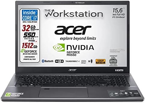 Acer Notebook, Intel i7-1255U 12th, 10 Core 4.7Ghz, 32 Gb Ram, SSD Pci da 1512 Gb, 15.6″ Full HD, Geforce MX550, Tastiera retroilluminata, Wi-Fi 6, lan, hdmi, Win 11 Pro, suite office, pronto all’uso