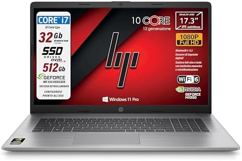 HP 470 G9, notebook, Intel i7 12 Th. 10 Core, RAM 32 Gb, SSD 512 Gb, 17.3″ IPS Full HD, Geforce Mx 550 dedicata, wi-fi 6, webcam HD, tastiera retroilluminata, Win 11 Pro, Garanzia Italia