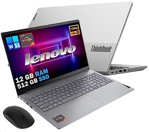 Lenovo THINKBOOK Alluminio,Tastiera Retroilluminata, Carica USB C, Fingerprint,Pc portatile laptop, FHD 15,6″, CPU AMD Ryzen 5, ram 12Gb, SSD 512GB, WINDOWS 11 pro, MOUSE OMAGGIO