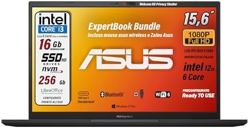 ASUS notebook, pc portatile, Cpu Intel i3 di 12Th 6 Core, Ram 16 Gb, SSD Pci Nvme da 256 Gb, 15,6 FHD, wi-fi 6, 4 Usb, Bt, Intel UHD, Win 11 Pro, Libre Office, pronto All’uso Gar. Italiana