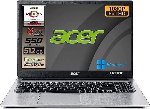 Acer Aspire SSD Silver New Athlon 3050u, RAM 8GB Ddr4, SSD M.2 PCi da 512GB, Display Full HD da 15,6, WebCam, USB, hdmi, BT, LAN, Win11 PRO, Libre Office, Pronto all’Uso Layout e Gar. Italia