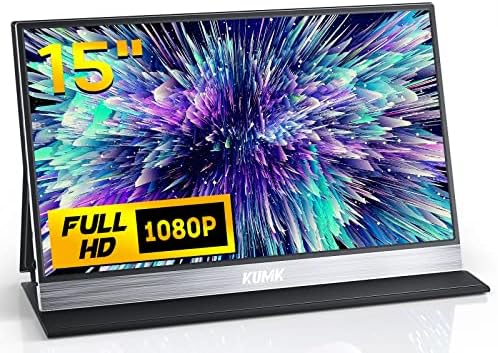 KUMK Monitor Portatile 15 Pollici, Schermo Portatile IPS 1920x1080P Full HD, Schermo Esterno con HDMI & Tipo-C per Laptop, PC, PS3, PS4, PS5, Switch, Telefono, Supporto VESA, HDR, 60Hz, (Argento)