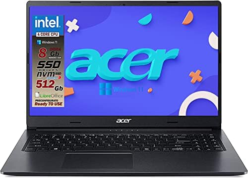 Acer Notebook Pc portatile Intel N4120, 4 core, Ram 8Gb, SSD nvme 512GB 15.6″ FullHD, 3 USB, wi-fi, hdmi, BT, lan, Win 11 Pro, Libre Office, Pronto all’Uso, Gar Italia