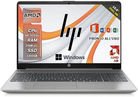 HP 255 G9, Notebook Pc portatile silver, Ram 20 GB ddr4, SSD 1 TB, Amd 3050U, Display 15.6″ FHD, BT, WiFi, Windows 11 Pro, Office Pro, Laptop Pronto all’uso
