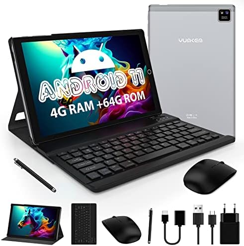 YUMKEM Tablet Android IPS 1280P HD, 10 Pollici 2 in 1 Tablet PC, CPU 8 Core, Batteria 6000mAh, 64GB Spazio Archiviazione 1TB Espansione, Fotocamera 8MP, GPS, WiFi, BT5, Tastiera e Custodia, Grigio