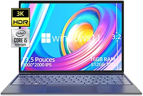 PC Portatile Windows 11, 13,5″ 3K IPS Display Intel Core 10a gen i5-1035G1 (fino a 3,6 GHz) 16 GB+512 GB SSD, Notebook Computer Metallo Pieno, Tastiera Retroilluminata, Tipo C, Impronta Digitale