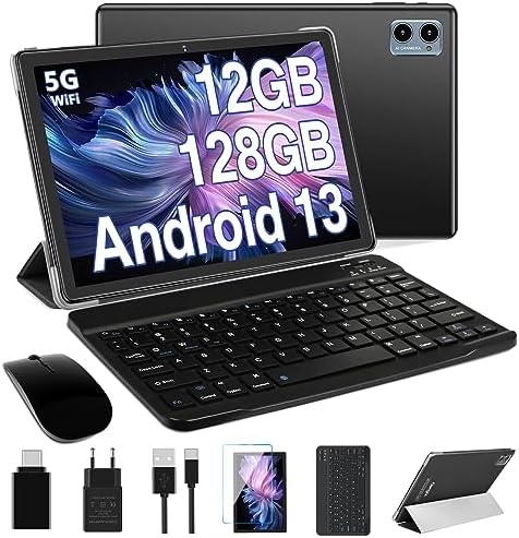 Oangcc 2023 Newest Android 13 Tablet 10 Pollici 12GB RAM+128GB ROM (TF 1TB),FHD 5G+2.4G WiFi, Octa Core Processore,Widget, 6000mAh, 5+8MP, BT 5.0, GPS, 2 in 1 con Mouse e Tastiera – Nero