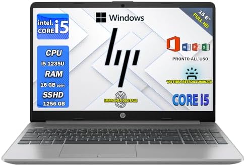 HP 250 G9, Notebook, Pc portatile i5 1235U, Silver, Ram 16 ddr4, SSHD 1256 GB NVMe, Display 15.6″ FHD, BT, WIFI, Windows 11 pro, Office pro, laptop i5, Tastiera Retroilluminata, Fingerprint