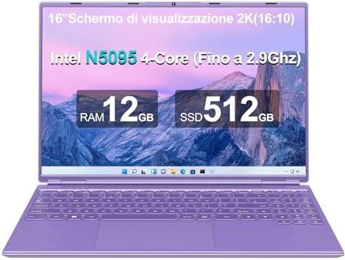 AOCWEI 16 Pollici PC Portatile 12+512GB 2.5″ HDD 1TB SSD Espansione, Win 11 Notebook con CPU N5095 (fino a 2.9Ghz), Ventola di Raffreddamento 1920 * 1200 2K Schermo Doppio Supporto 5G WIFI – Viola