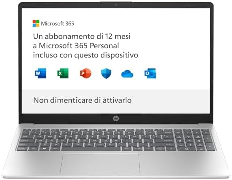 HP Laptop 15s-fq0010sl, Intel Celeron N4120, RAM 4GB DDR4, SSD NVMe 128GB, Scheda Intel UHD, Display 15,6″ FHD, Antiriflesso, Wi-Fi, Webcam, Lettore di Schede, Windows 11 S, Microsoft 365, Argento