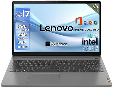 Lenovo notebook i7, Pc portatile, intel core 11 th, 24gb Ram ddr4, Display 15.6 Full Hd, SSD 1 TB, Wi fi, Bt, Windows 11 Pro, Office Pro, Laptop i7