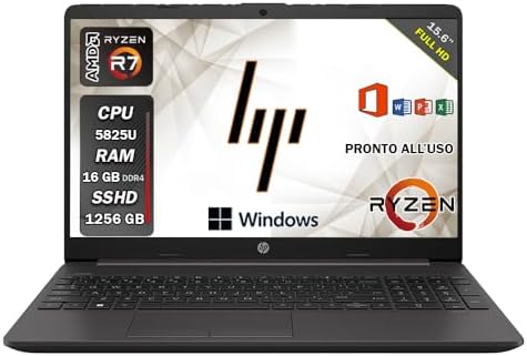 HP 250 G9, Notebook, Pc portatile Ryzen 7 5825U, Ram 16 GB ddr4, SSD 1256 GB NVMe, Display 15.6″ FHD, BT, WiFi, Windows 11 Pro, Office Pro ryzen 7