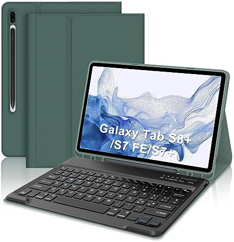 IVEOPPE Custodia con Tastiera per Samsung Galaxy Tab S7 FE/S8+/S7 Plus 12.4 Cover con S Porta Penna, Italiana Tastiera, Compatibile SM-X800/X806/T970/T975/T730/T736B, Verde scuro