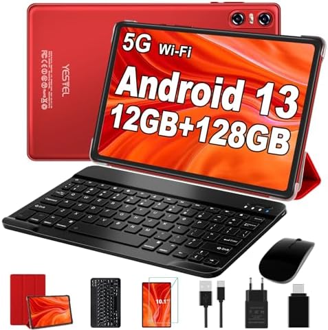 YESTEL Tablet 10 Pollici Android 13 con 12GB RAM 128GB ROM (TF 1TB), CPU 2.0 GHz, FHD Tablet 2 in 1 con 5G Wi-Fi, Octa-Core, Bluetooth 5.0, GPS, 5MP+8MP, Tablet con Tastiera e Mouse, Rosso