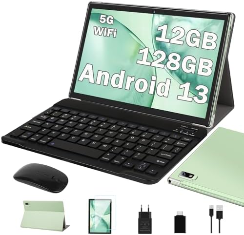 Oangcc Tablet 10 Pollici Android 13 OS Tablets con 5G WiFi, 12GB+128GB(TF 512GB/1TB), Octa-Core, Processore 2.0 GHz, 8000mAh, Schermo Widget, Controllo Parentale, Tablet con Tastiera+Mouse – Verde