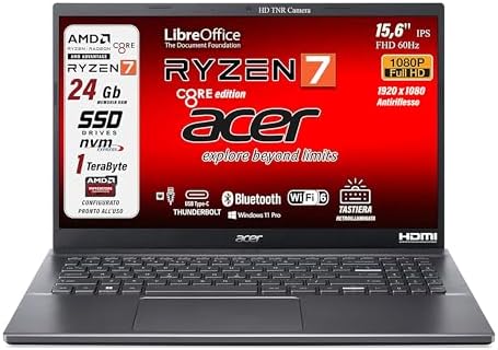 Acer Notebook portatile, Ryzen 7 5825u 8 CORE, RAM 24Gb, SSD da 1 TERA, Display 15,6″ Full HD, tastiera retroilluminata, 4 usb, wi-fi 6, hdmi, lan, bt, Win 11 Pro, Libre Office, Preconfigurato