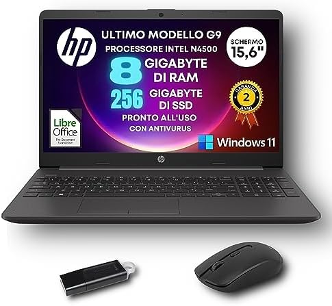 HP Notebook G9, Computer Portatile, Intel n4500 2,8 ghz, Display Hd da 15,6″ Ram 8gb DDR4, SSD 256 Gb, Bt, Win11 Pro, Libre Office, Mouse Wireless + Pendrive 32 GB IN OMAGGIO