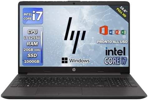 HP 250 G9, Notebook i7 Pc portatile, intel 12Th 4,7Ghz, Ram 20Gb, SSD 1 Tb, Display 15.6″ FHD Ips, Windows 11 Pro, Office Pro, Laptop i7 pronto all’uso