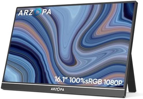 ARZOPA 16.1″ Monitor portatile, 1920×1080 FHD IPS Monitor portatile per laptop con asta singola, supporto HDMI/Type-C/USB-C, schermo da gioco con protezione degli occhi per laptop/PC/Mac/PS3/4/5/Xbox