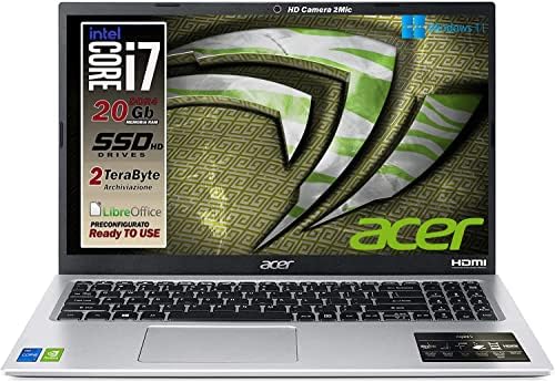 Acer Notebook SSD slim, Intel i7 di 11Gen 4 core 4.7ghz, RAM 20GB, SSDHD da 2TB, display 15.6 FullHD, NVIDIA Geforce MX450, cover in alluminio, Wi-Fi 6, hdmi, Win 11, Pronto all’Uso, Gar. Ita