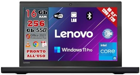 Lenovo, Pc portatile RICONDIZIONATO per uso professionale, Processore Intel Core i5 con 16gb di RAM, Display HD da 12,5 pollici, SSD 256gb, Windows 11 pro, Pacchetto Office 2021 – PRONTO ALL’USO