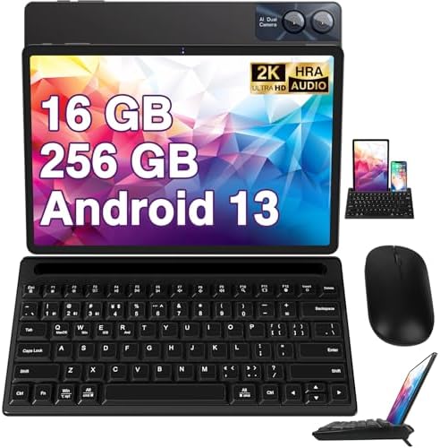 GOODTEL Tablet 11 Pollici Android 13,16GB RAM+256GB ROM(TF 1TB), 2K Schermo/2000 * 1200 Pixels/8600mAh/Octa-Core 2.0 GHz/5MP+13MP/4 Altoparlanti/5G+2.4G WiFi/BT 5.0,Tablet con Tastiera e Mouse -Grigio