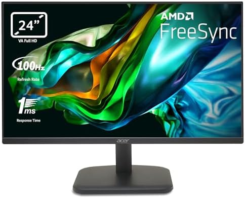 Acer EK241YHbif Monitor PC 24″, Display VA Full HD, 100 Hz, 1 ms (VRB), 16:9, FreeSync, VGA, HDMI 1.4, Lum 250 cd/m2, Schermo PC con Contrasto 100M:1, ZeroFrame, Cavo HDMI Incluso, Nero