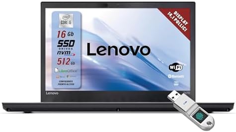 Lenovo, Thinkpad Pc portatile Intel Core i5-6Th, Ram 16 Gb, SSD 512 Gb, Pronto all’uso con Pacchetto Libre, Display HD da 14″, W10 e Chiavetta USB Fingerprint (Ricondizionato)