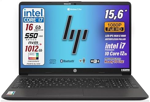 HP 250 G9, Pc portatile notebook, Intel Core i7 12Th, 10 cORe, Ram 16Gb, SSD 512Gb + HDD 500 Gb, Display 15.6″ Full HD, Win 11 Pro, portatile pronto all’uso, Garanzia Italia