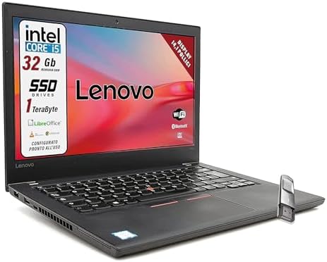 Lenovo, Pc portatile Intel Core i5, Ram 32 Gb, SSD 1 Tb, pronto all’uso con Libre, Notebook Con Display HD da 14″, W10, in dotazione pen drive fingerprint (Ricondizionato)
