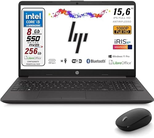 HP 250 G9, Pc portatile notebook, Display Full HD da 15,6″, cpu Intel i3 di 12Th, ram da 8 Gb, SSD 256 Gb, W11, Pacchetto Libre Office, computer portatile con mouse wireless