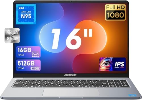 ACEMAGIC Computer portatile 16 GB DDR4 512 GB SSD 16″ FHD Notebook,Intel 12th Alder Lake N95 (Fino a 3,40 GHz,BATTERE N5095),1920 * 1200,alloggiamento in metallo,BT5.0,3*USB3.2,HDMI,tipo C