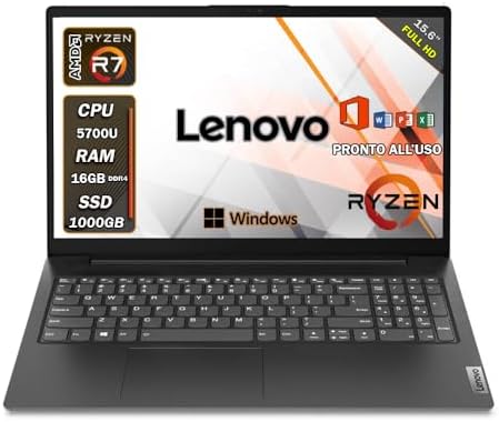 Lenovo notebook ryzen 7, 5700U 8 core, Pc portatile 16gb ram, ssd 1 Tb, Display Full Hd 15.6″, Windows 11 Pro, Laptop pronto all’uso