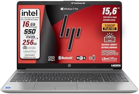 HP 250 G9 Computer portatile, RAM 16 Gb DDR4, (15.6″) FHD 1920 x 1080 Intel N4500, SSD Pci 256 Gb,Tastiera retroilluminata, Wi-Fi, BT, Lan, Win 11 Pro, Libre Office, Pronto all’uso, garanzia Italia