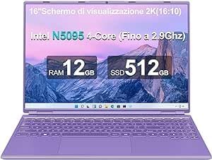 AOCWEI JSY 16 Pollici PC Portatile 12+512GB 2.5″ HDD 1TB SSD Espansione, Win 11 Notebook con CPU N5095 (fino a 2.9Ghz), Ventola di Raffreddamento 1920 * 1200 2K Schermo Doppio Supporto 5G WIFI – Viola