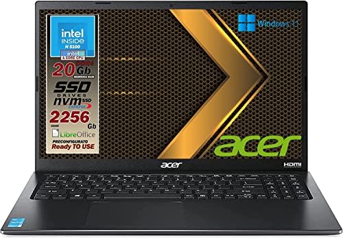 Acer Notebook Intel N5100 4 Core, Ram da 20 Gb Ddr4, SSDHD da 2256GB, Display Full HD IPS da 15,6″, Web cam, usb, hdmi, bt, lan, wi-fi, Win11 Pro, Libre Office, Pronto all’uso Gar. Ita