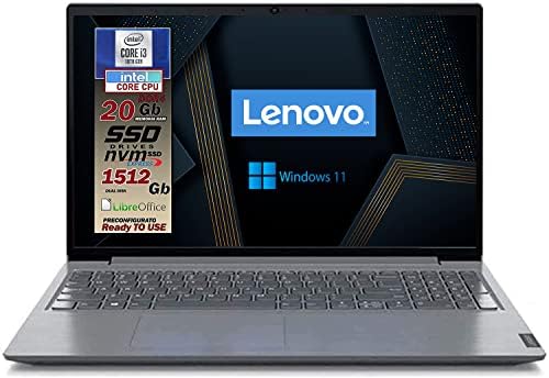 LENOVO Notebook SLIM 20 Gb DDR4, SSDHD 1512GB, cpu Intel Core I3 10 Gen, Display FULL Hd da 15,6 pollici, web cam, 3usb, hdmi, bt, Win11 Pro, Pronto All’uso, garanzia Ita