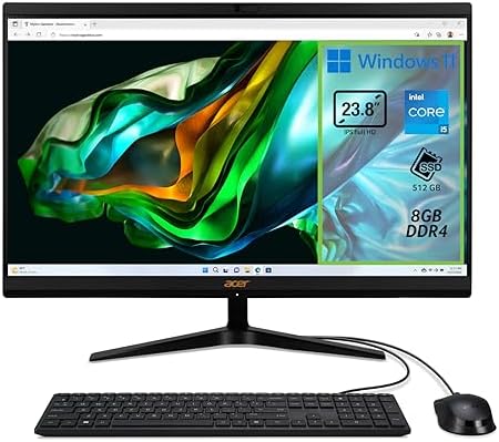 Acer Aspire C24-1800 Computer Fisso All in One, Pc Desktop, Processore Intel Core i5-1335U, Ram 8 GB DDR4, 512 GB SSD, Display 23.8″ IPS FHD LED LCD, Intel Iris Xe, Wifi, Webcam, Windows 11 Home