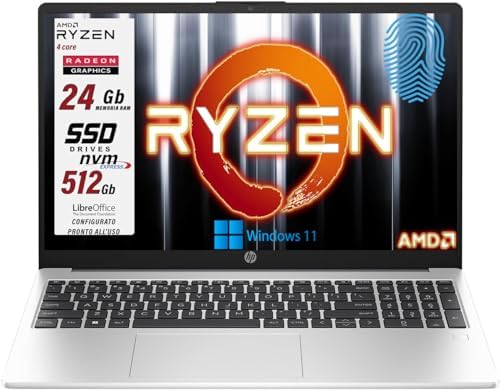 HP 255 G10 Notebook portatile Silver, AMD Ryzen 3 7330 4 core 4.3 Gghz, RAM 24GB, SSD PCi 512GB, display FHD 15.6, Tastiera retroilluminata, Fingerprint, Wi-fi 6, usb, Win 11 Pro, pronto all’uso, ita