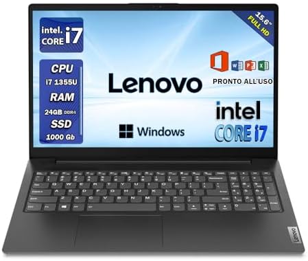 Lenovo notebook i7, Pc portatile, intel core 13 th, 24gb Ram ddr4, Display 15.6 Full Hd, SSD 1 TB, Wi fi, Bt, Windows 11 Pro, Office Pro, Laptop i7