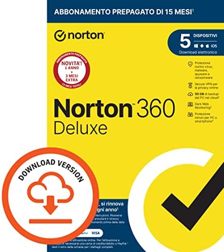 Norton 360 Deluxe 2024, Antivirus per 5 dispositivi, Licenza di 15 mesi con rinnovo automatico, PC, Mac, tablet e smartphone, Codice d’attivazione via email