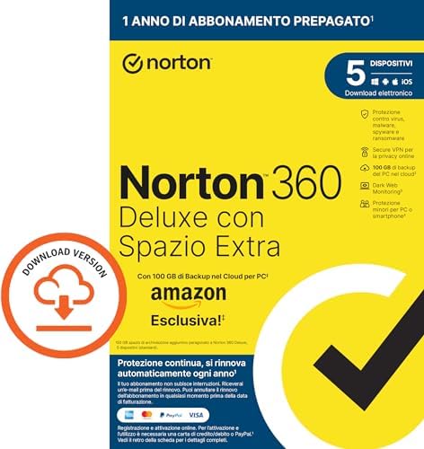Norton 360 Deluxe con Extra Spazio di Archiviazione – Esclusiva Amazon *50 GB extra di Cloud Backup. Antivirus software per 5 dispositivi e Licenza di 1 anno con rinnovo automatico
