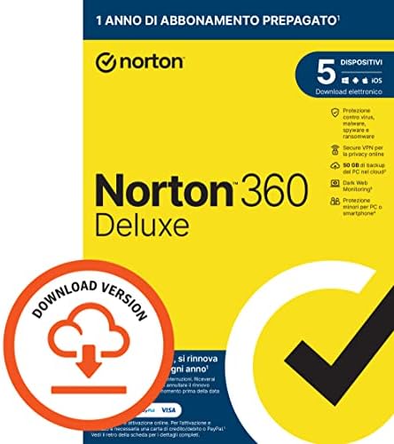 Norton 360 Deluxe 2024, Antivirus per 5 dispositivi, Licenza di 1 anno con rinnovo automatico, PC, Mac, tablet e smartphone, Codice d’attivazione via email